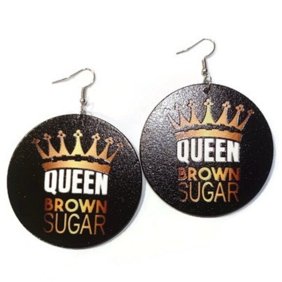 Crown Queen Brown Sugar Black Gold Large Statement Dangle Wood Earrings - Picture 1 of 5